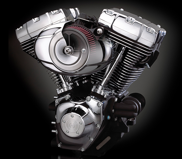 Motorcycle engine showing interior of air cleaner. Photo taken as side one angle