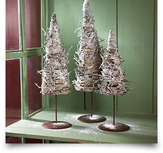 Bouquet & Company frosted twine pine trees in grey green cabinet