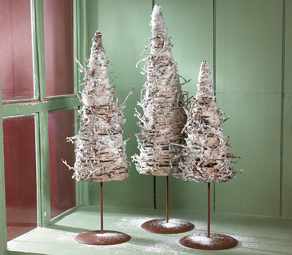 Bouquet & Company frosted twine pine trees in grey green cabinet